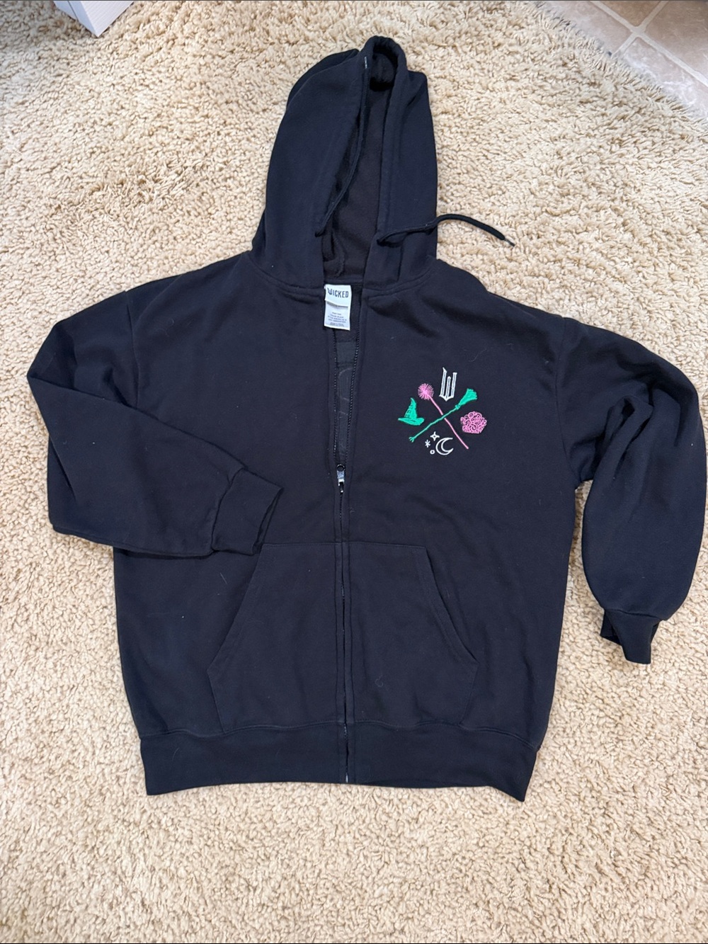 Wicked Movie Embroidered Zip Up Hoodie Black